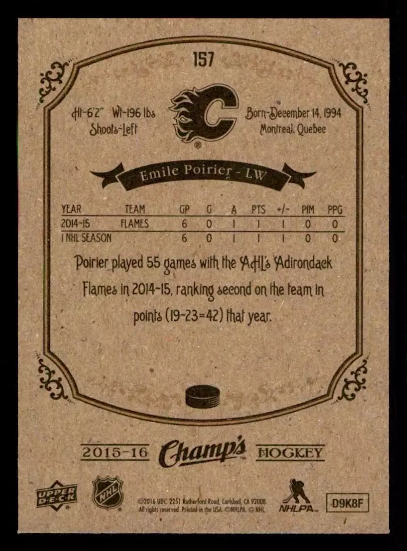 2015-16 Upper Deck Champ's #157 Emile Poirier RC \ Dinamo Riga 1