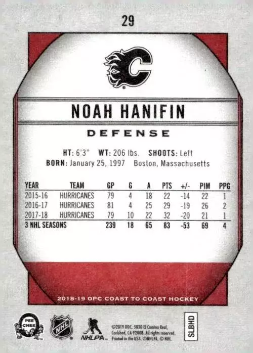 2018-19 O-Pee-Chee Coast to Coast #29 Noah Hanifin 1