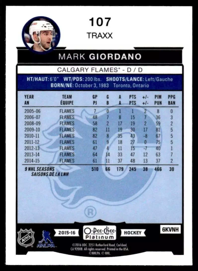 2015-16 O-Pee-Chee Platinum Traxx #107 Mark Giordano 1