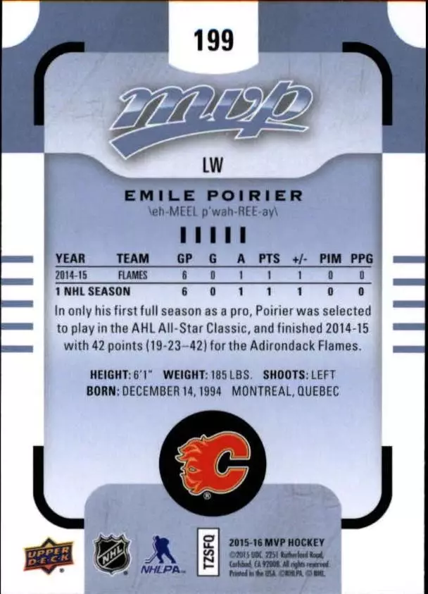 2015-16 Upper Deck MVP #199 Emile Poirier SP RC \ Dinamo Riga 1