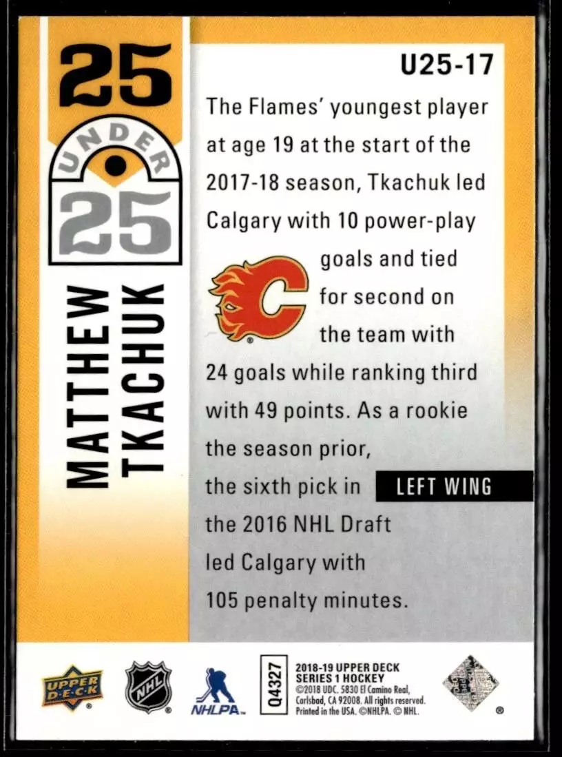 2018-19 Upper Deck 25 Under 25 #U2517 Matthew Tkachuk 1