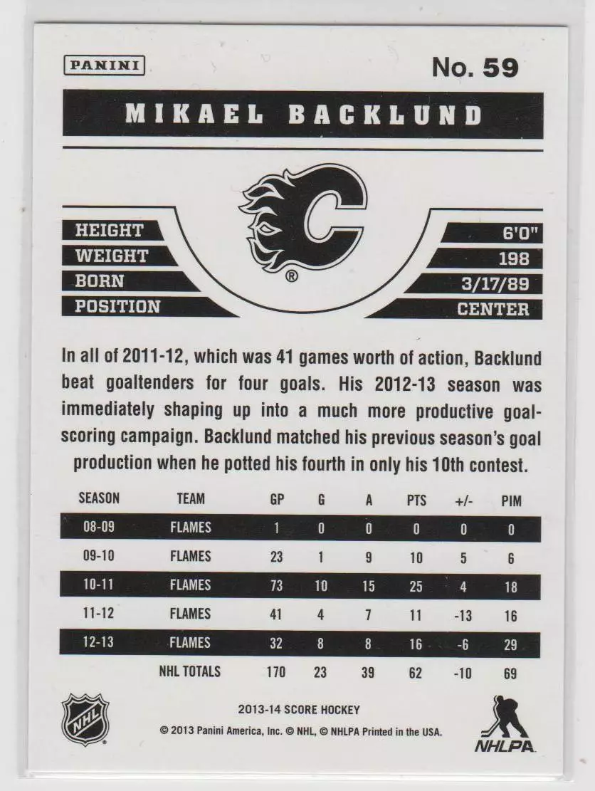 2013-14 Score Black #59 Mikael Backlund 1