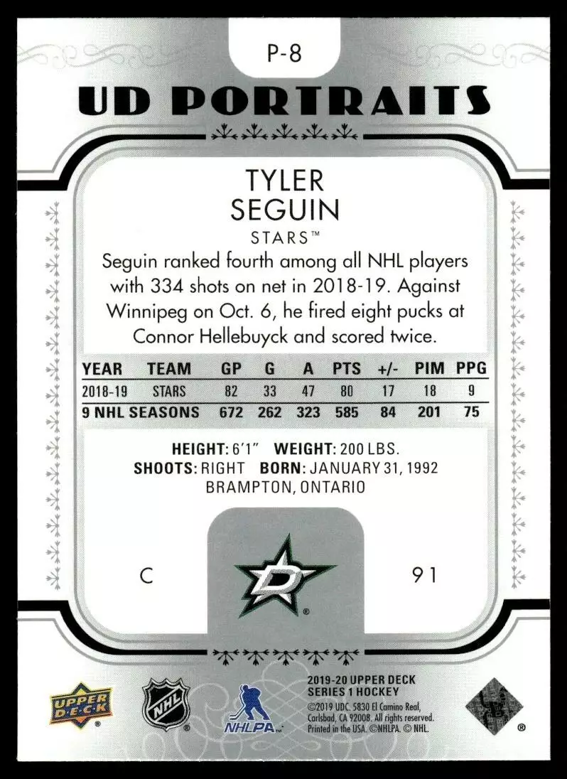 2019-20 Upper Deck UD Portraits #P8 Tyler Seguin 1
