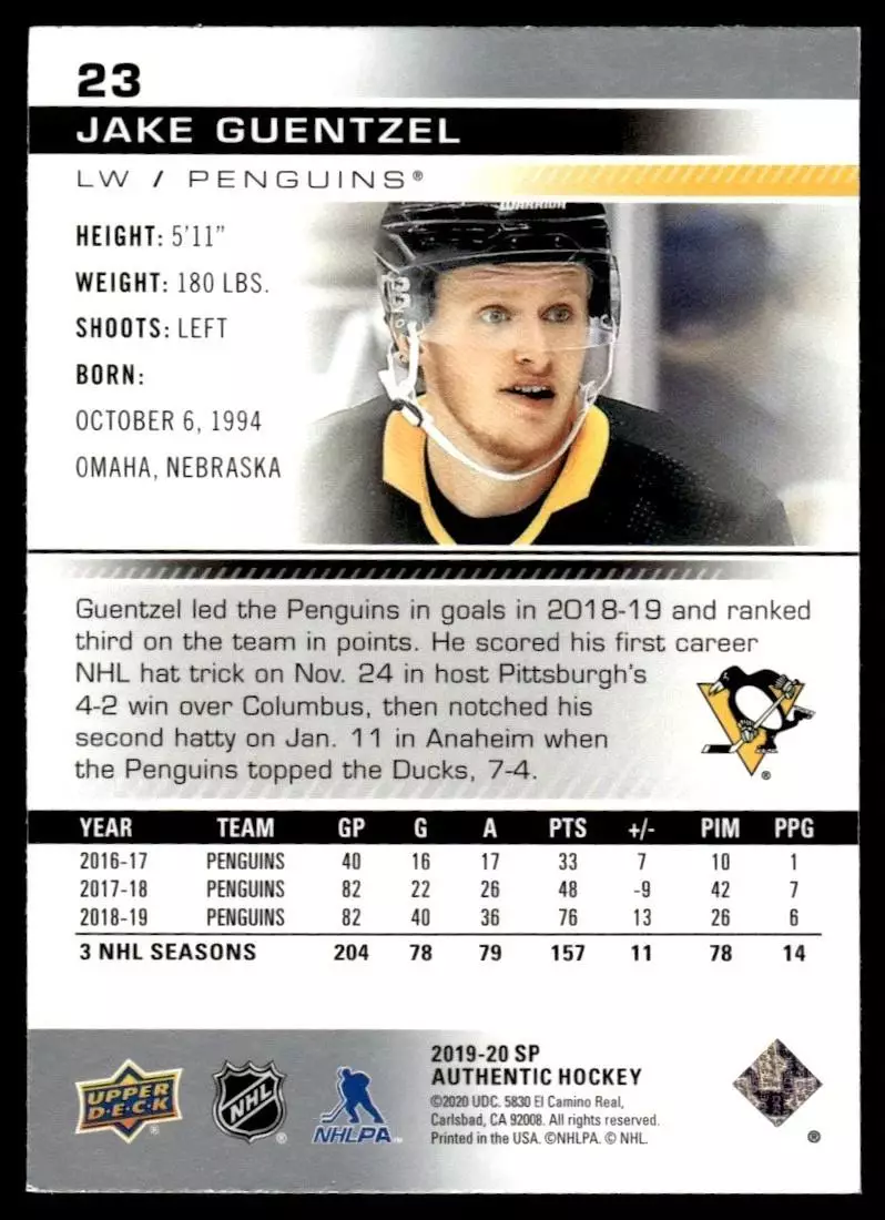 2019-20 SP Authentic #23 Jake Guentzel 1
