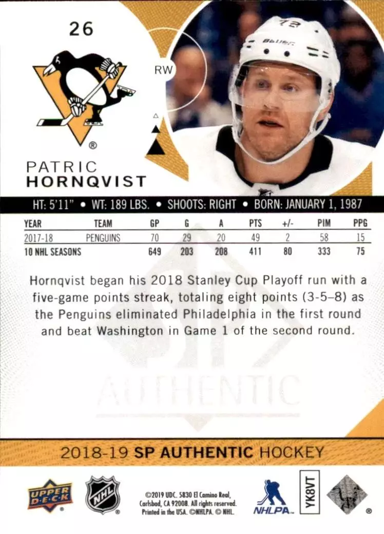 2018-19 SP Authentic #26 Patric Hornqvist 1