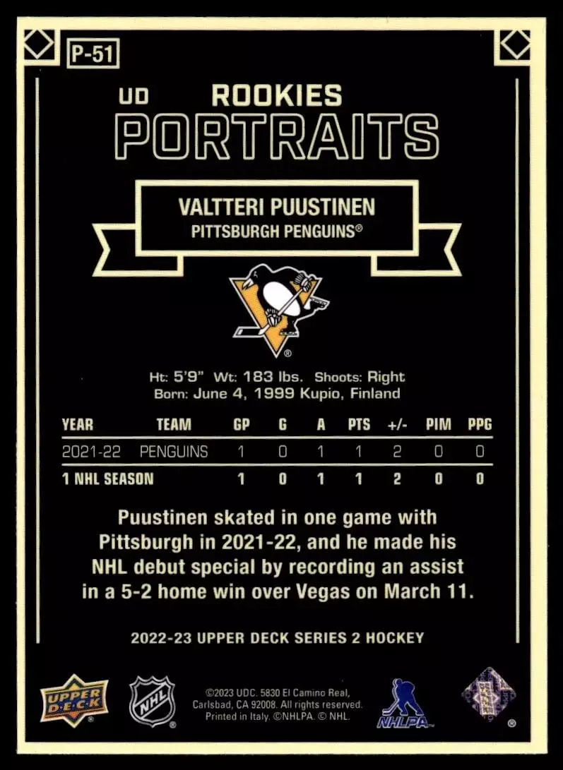 2022-23 Upper Deck UD Portraits #P51 Valtteri Puustinen 1