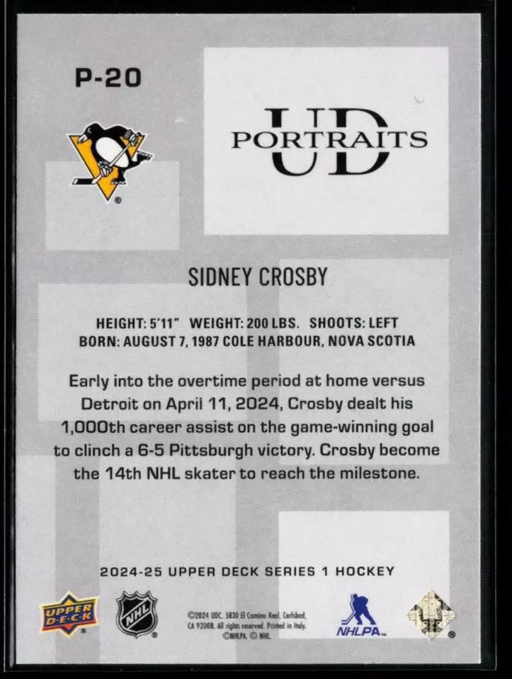 2024-25 Upper Deck UD Portraits #P20 Sidney Crosby 1