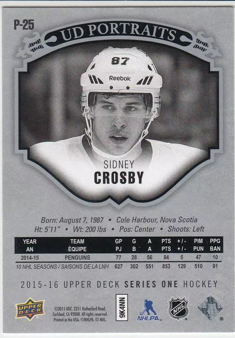 2015-16 Upper Deck UD Portraits #P25 Sidney Crosby 1