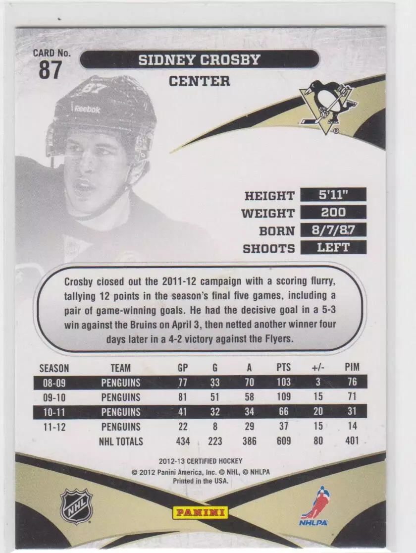 2012-13 Certified #87 Sidney Crosby 1