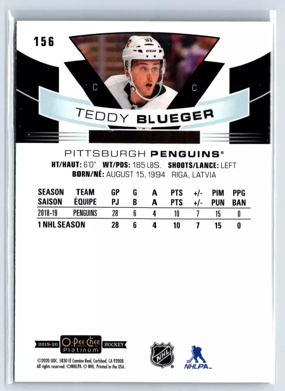 2019-20 O-Pee-Chee Platinum #156 Teddy Blueger RC 1
