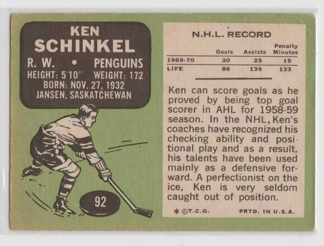 1970-71 O-Pee-Chee #92 Ken Schinkel 1