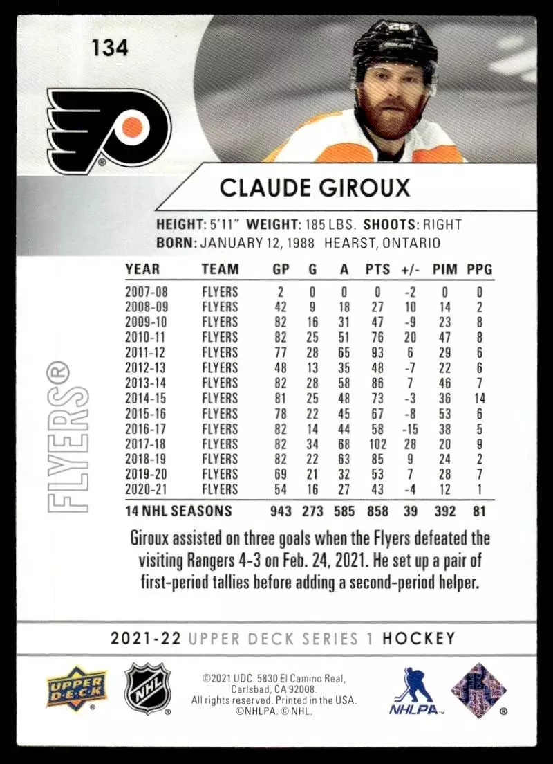 2021-22 Upper Deck #134 Claude Giroux 1