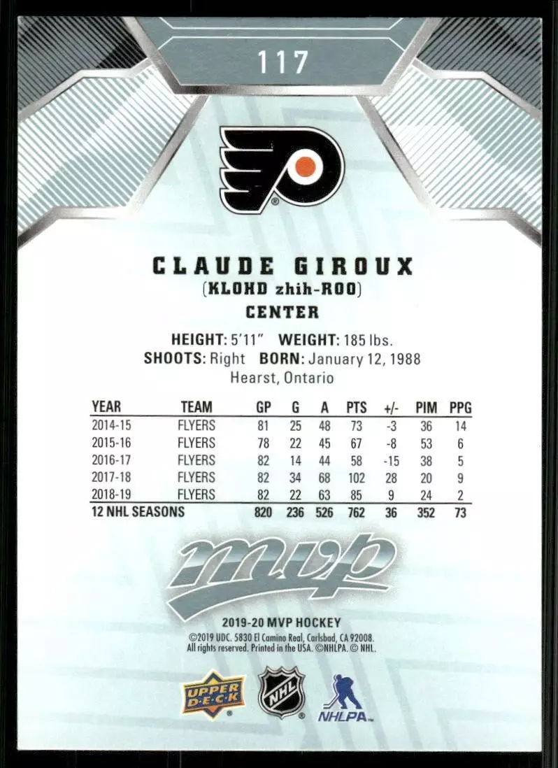 2019-20 Upper Deck MVP #117 Claude Giroux 1