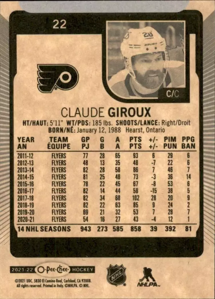 2021-22 O-Pee-Chee #22 Claude Giroux 1