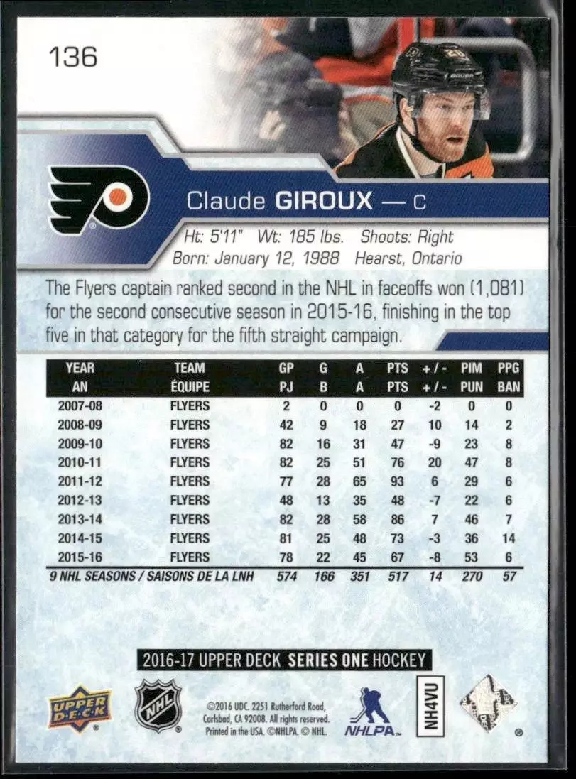 2016-17 Upper Deck #136 Claude Giroux 1