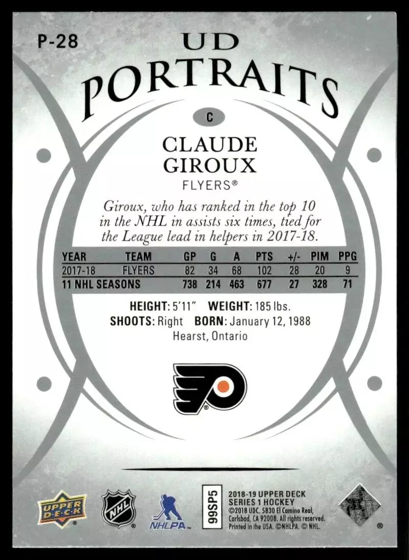 2018-19 Upper Deck UD Portraits #P28 Claude Giroux 1
