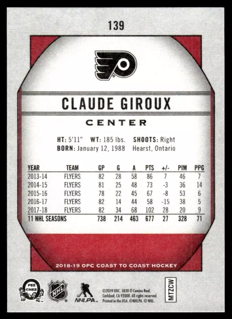 2018-19 O-Pee-Chee Coast to Coast #139 Claude Giroux 1