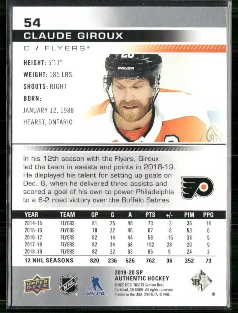 2019-20 SP Authentic #54 Claude Giroux 1