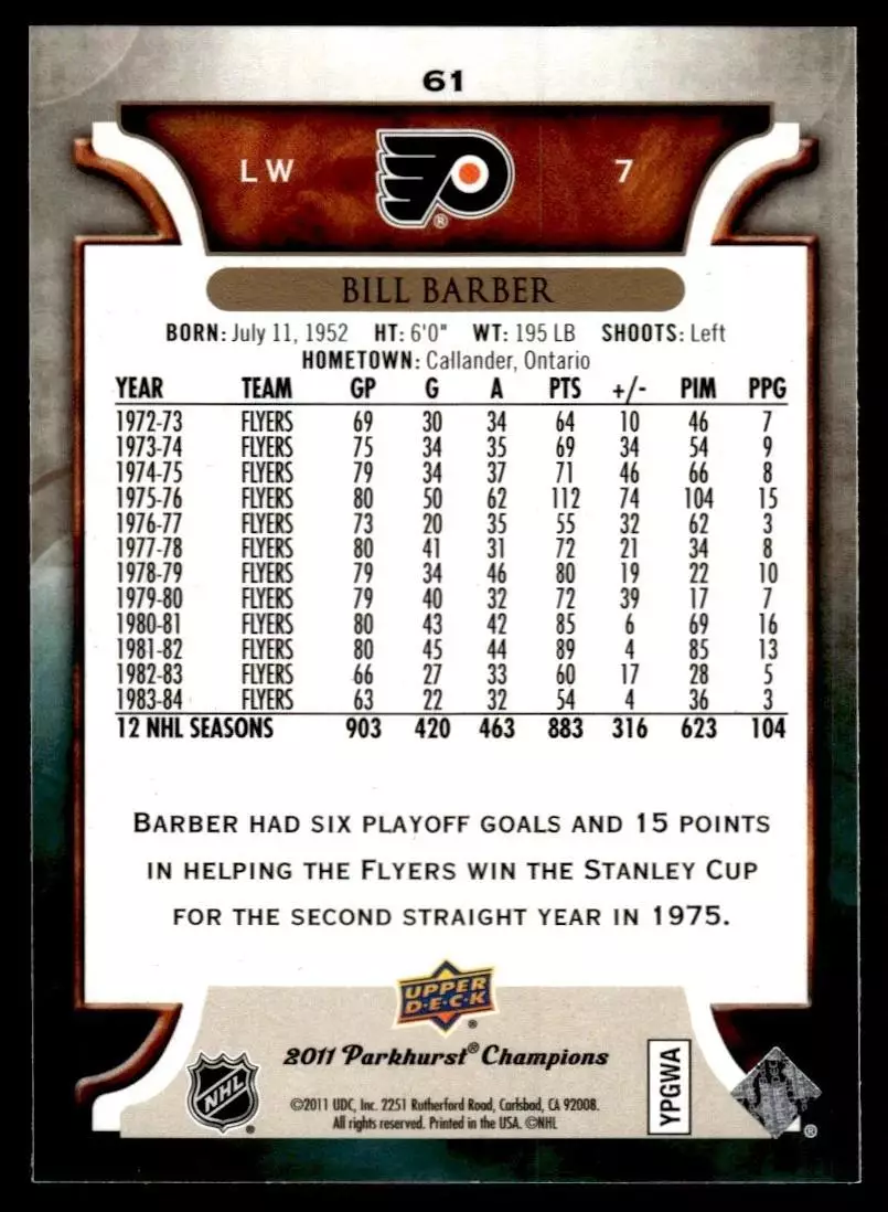 2011-12 Parkhurst Champions #61 Bill Barber 1