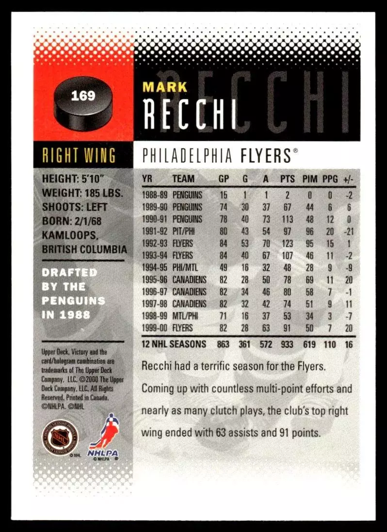 2000-01 Upper Deck Victory #169 Mark Recchi 1