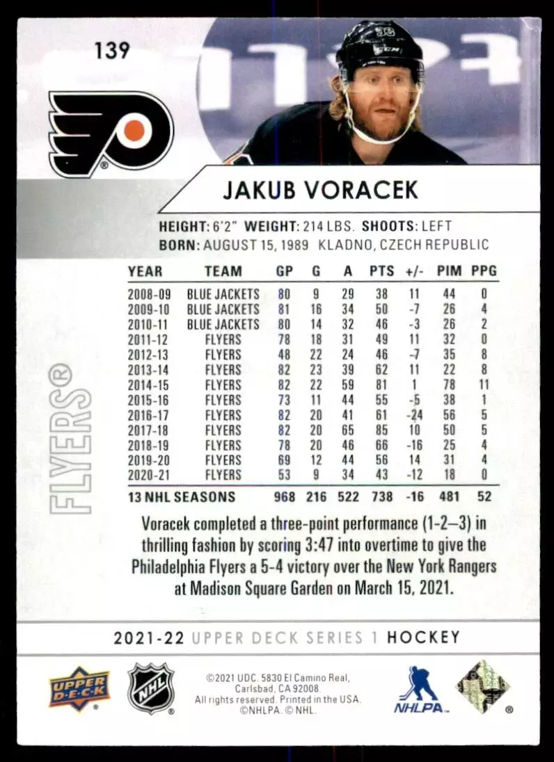 2021-22 Upper Deck #139 Jakub Voracek 1