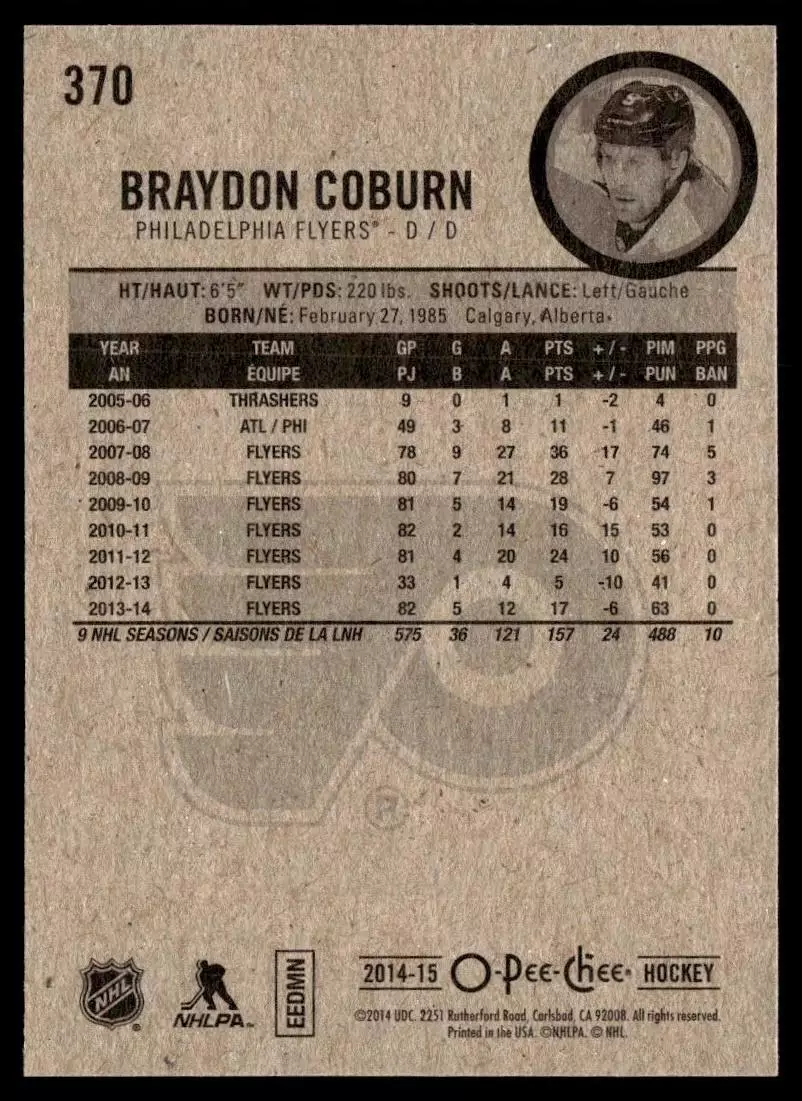 2014-15 O-Pee-Chee #370 Braydon Coburn 1