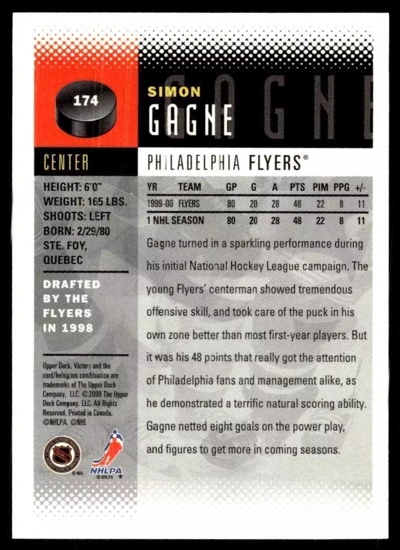 2000-01 Upper Deck Victory #174 Simon Gagne 1