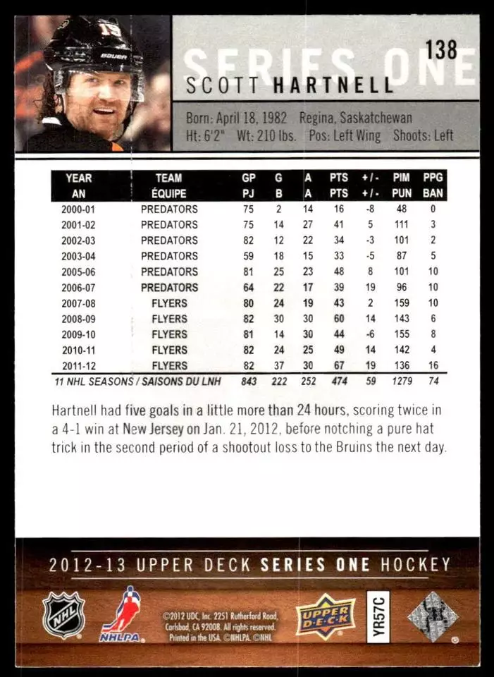 2012-13 Upper Deck #138 Scott Hartnell 1