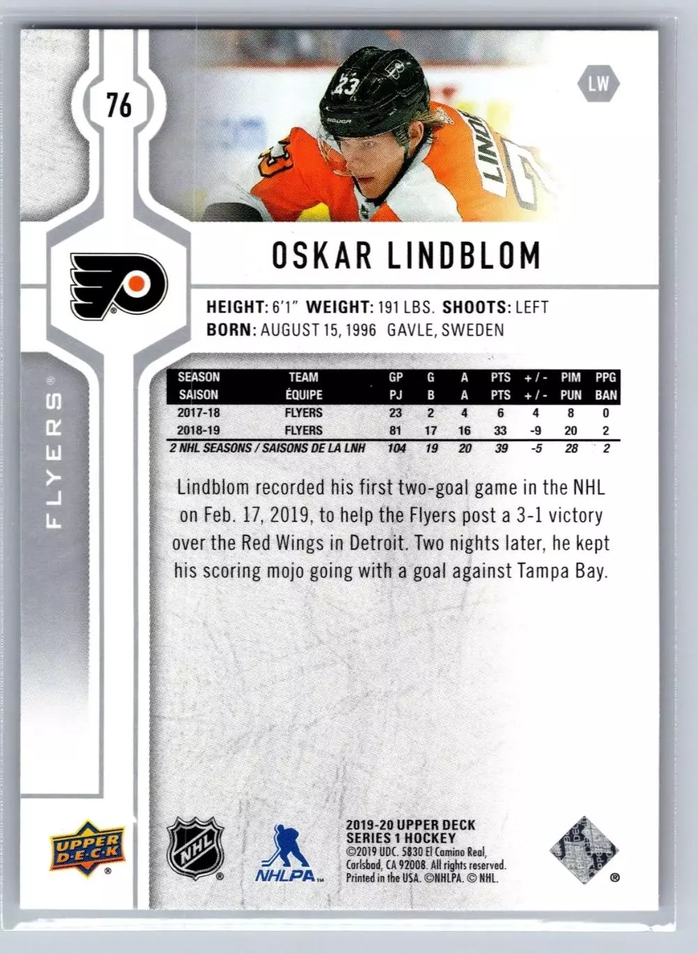 2019-20 Upper Deck #76 Oskar Lindblom 1