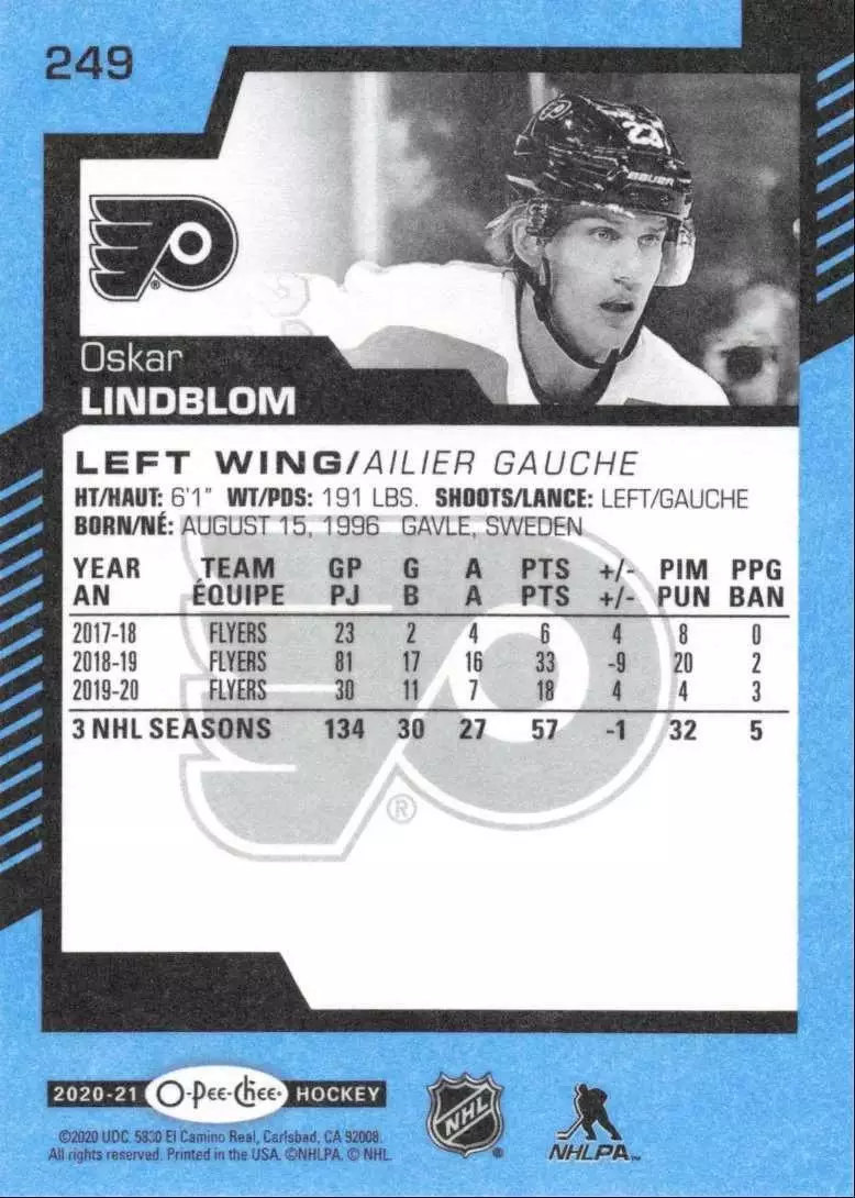 2020-21 O-Pee-Chee Blue #249 Oskar Lindblom 1