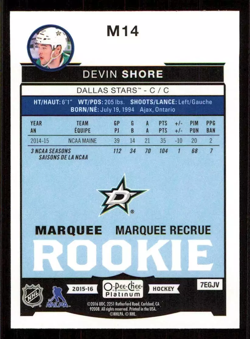 2015-16 O-Pee-Chee Platinum Marquee Rookies #M14 Devin Shore 1