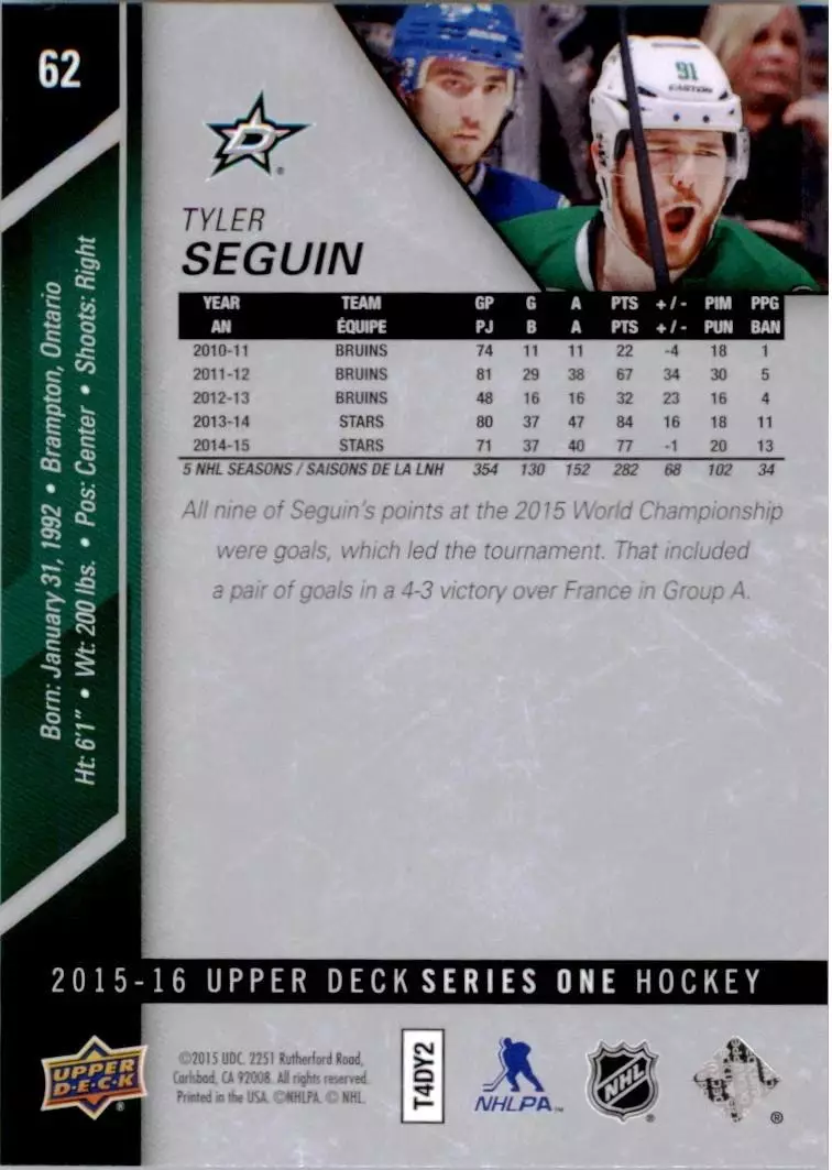 2015-16 Upper Deck #62 Tyler Seguin 1