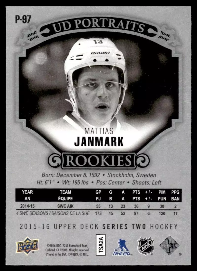 2015-16 Upper Deck UD Portraits #P97 Mattias Janmark 1