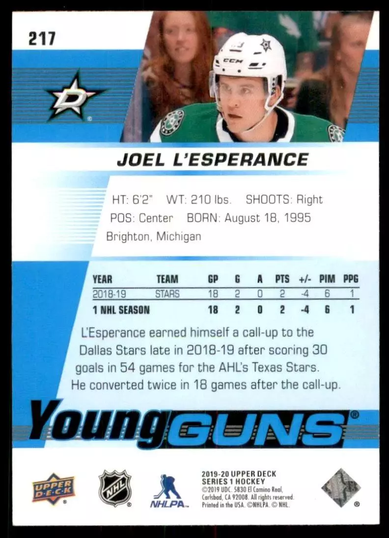 2019-20 Upper Deck #217 Joel L'Esperance YG RC 1