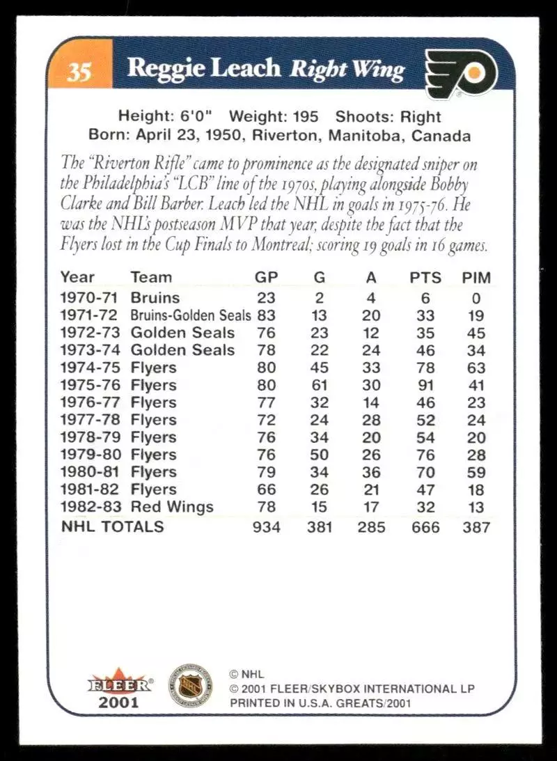 2001-02 Greats of the Game #35 Reggie Leach 1