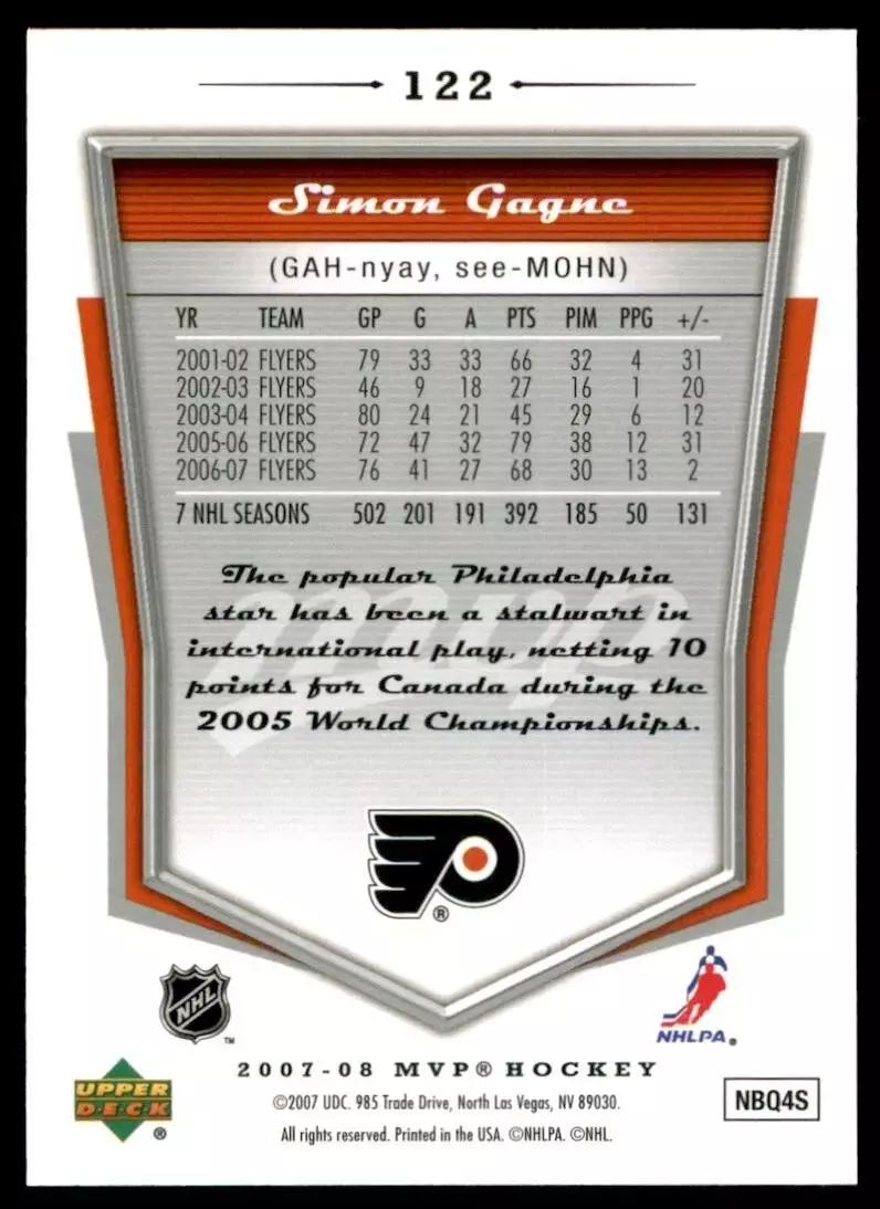 2007-08 Upper Deck MVP #122 Simon Gagne 1