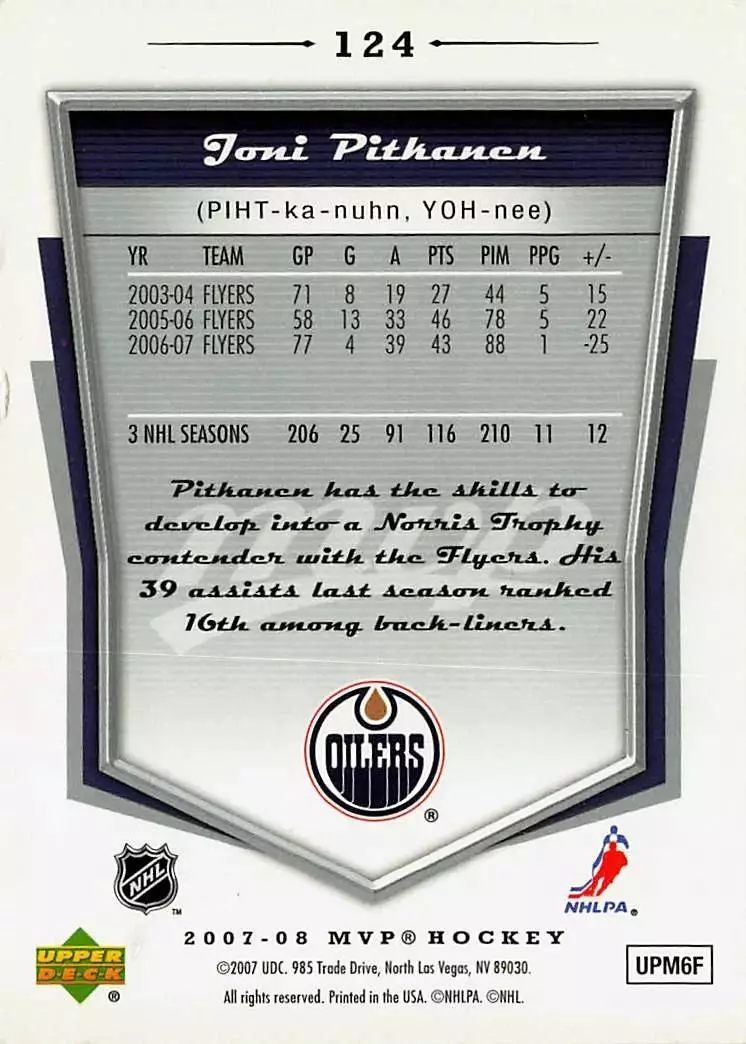 2007-08 Upper Deck MVP #124 Joni Pitkanen 1