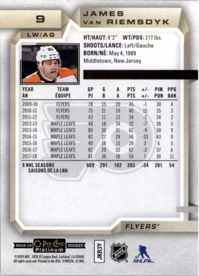 2018-19 O-Pee-Chee Platinum #9 James van Riemsdyk 1