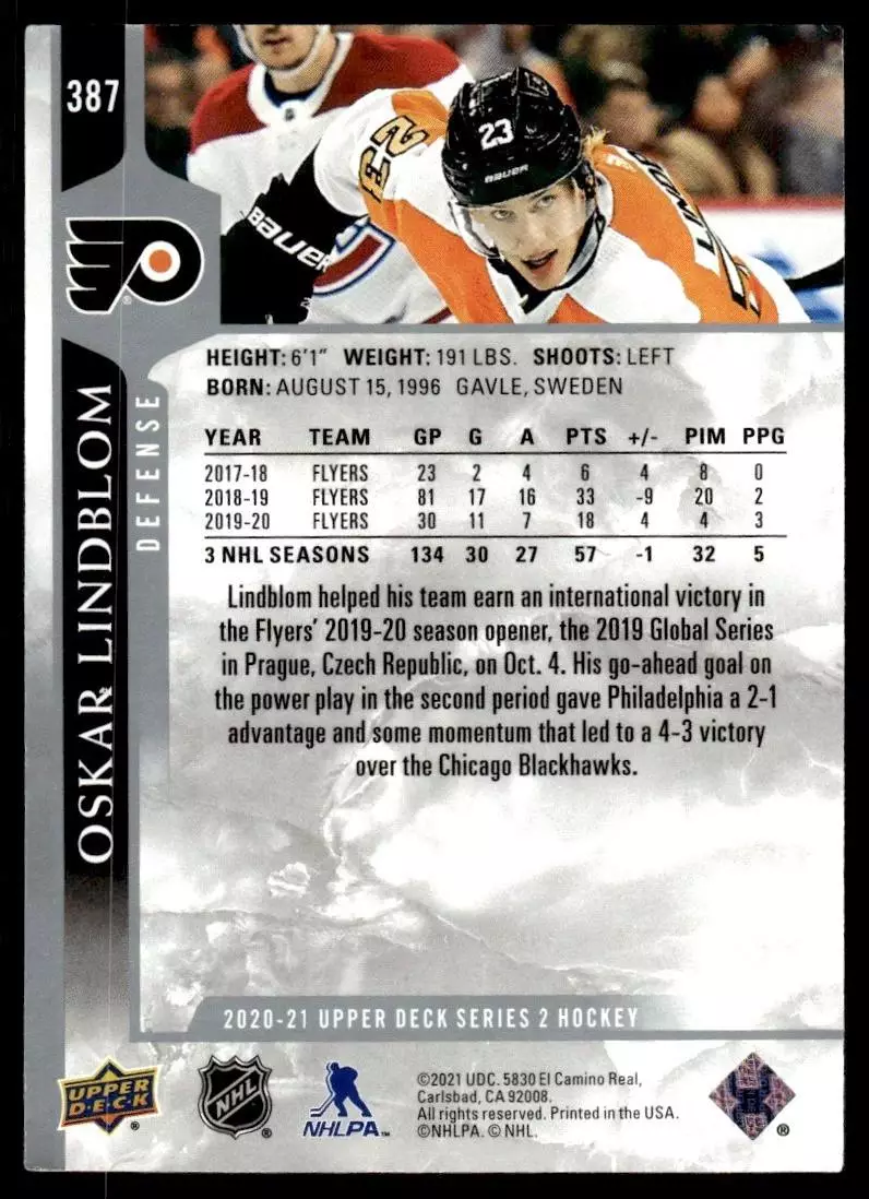 2020-21 Upper Deck #387 Oskar Lindblom 1