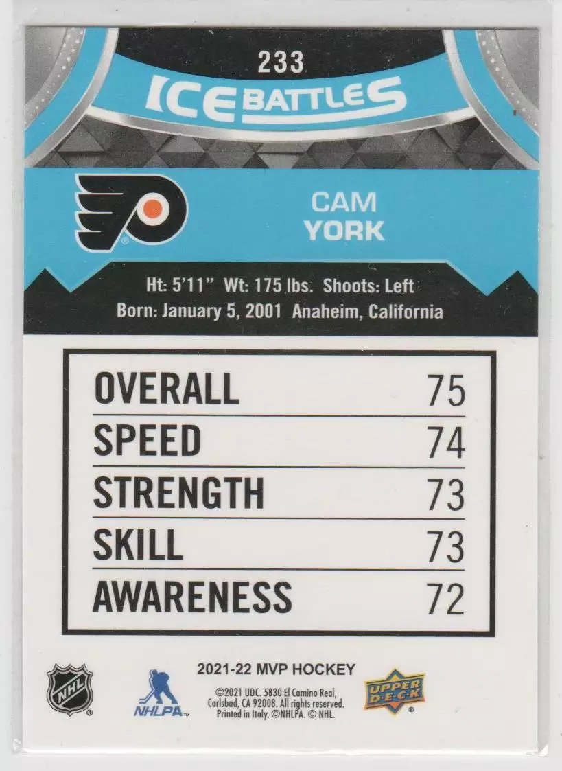2021-22 Upper Deck MVP Ice Battles #233 Cameron York RC 1