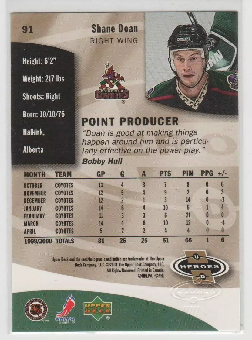 2000-01 Upper Deck Heroes #91 Shane Doan 1