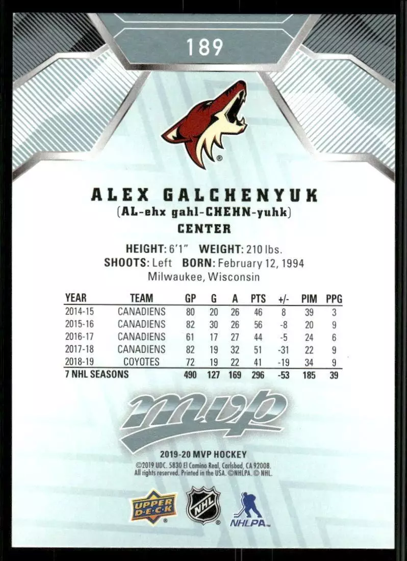 2019-20 Upper Deck MVP #189 Alex Galchenyuk \ Spartak Moskva 1