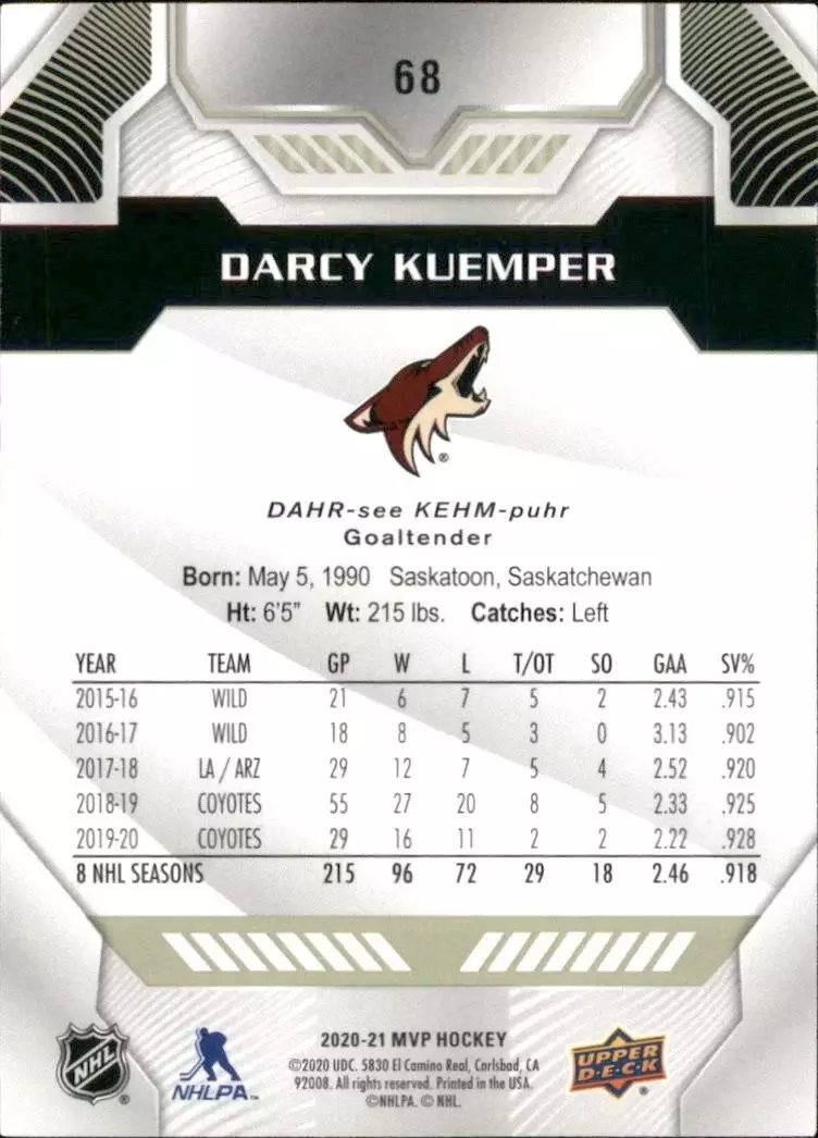 2020-21 Upper Deck MVP #68 Darcy Kuemper 1