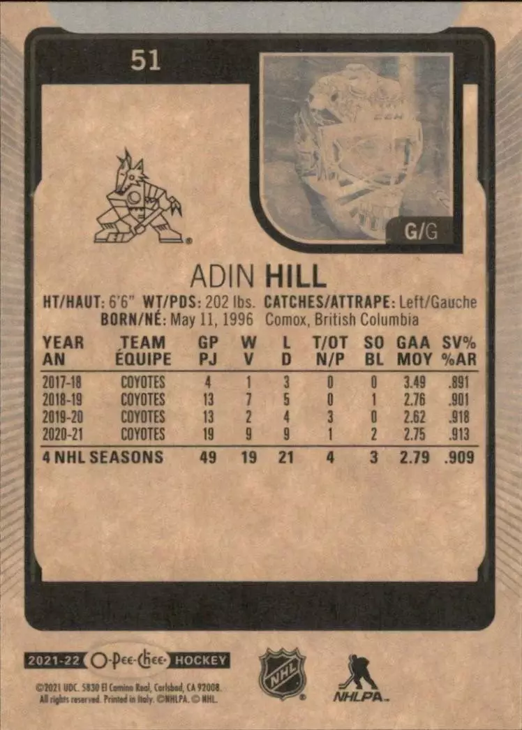 2021-22 O-Pee-Chee #51 Adin Hill 1