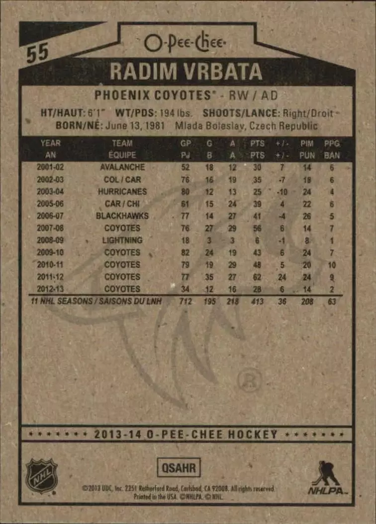2013-14 O-Pee-Chee #55 Radim Vrbata 1