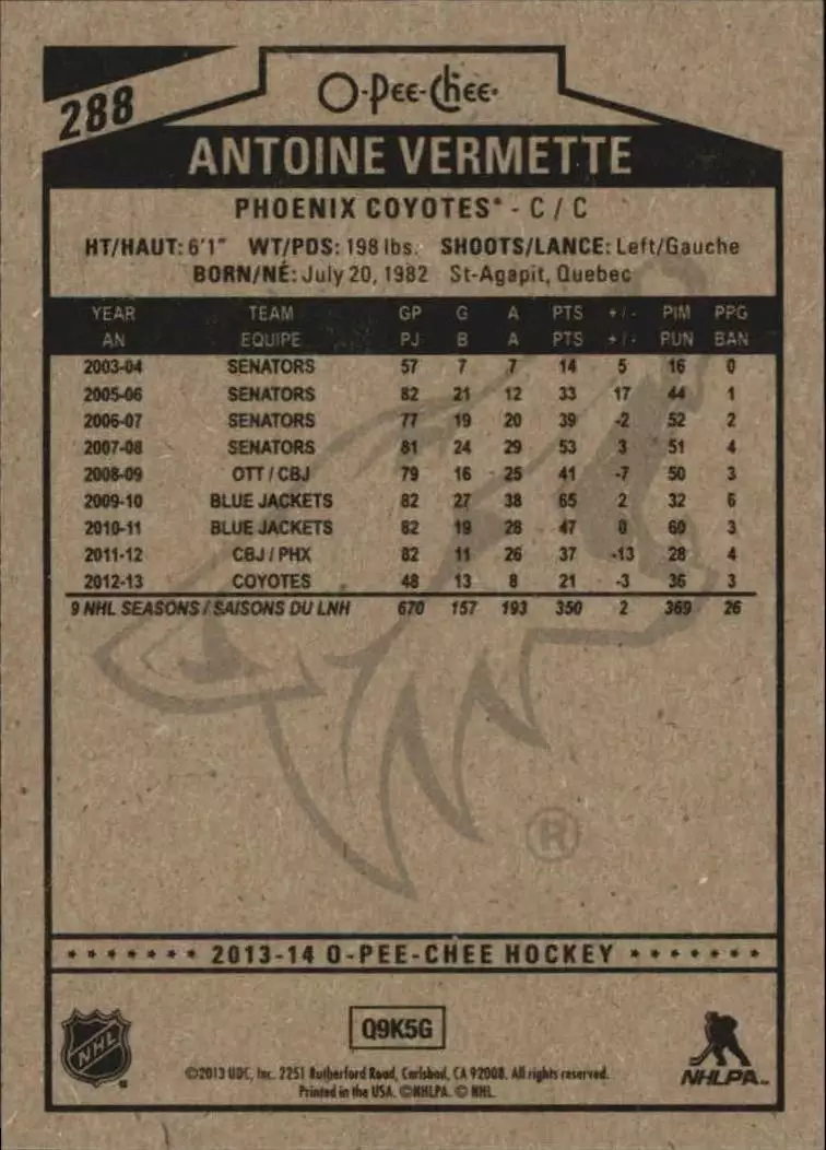 2013-14 O-Pee-Chee #288 Antoine Vermette 1