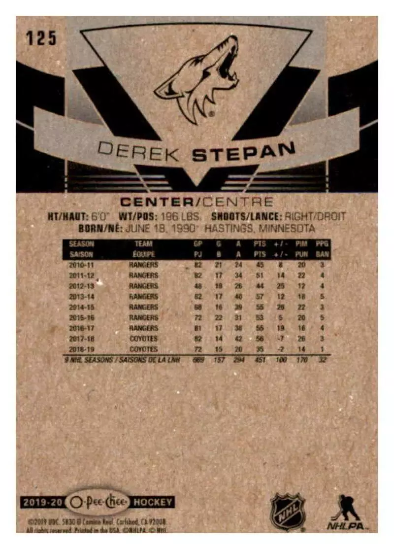 2019-20 O-Pee-Chee #125 Derek Stepan 1