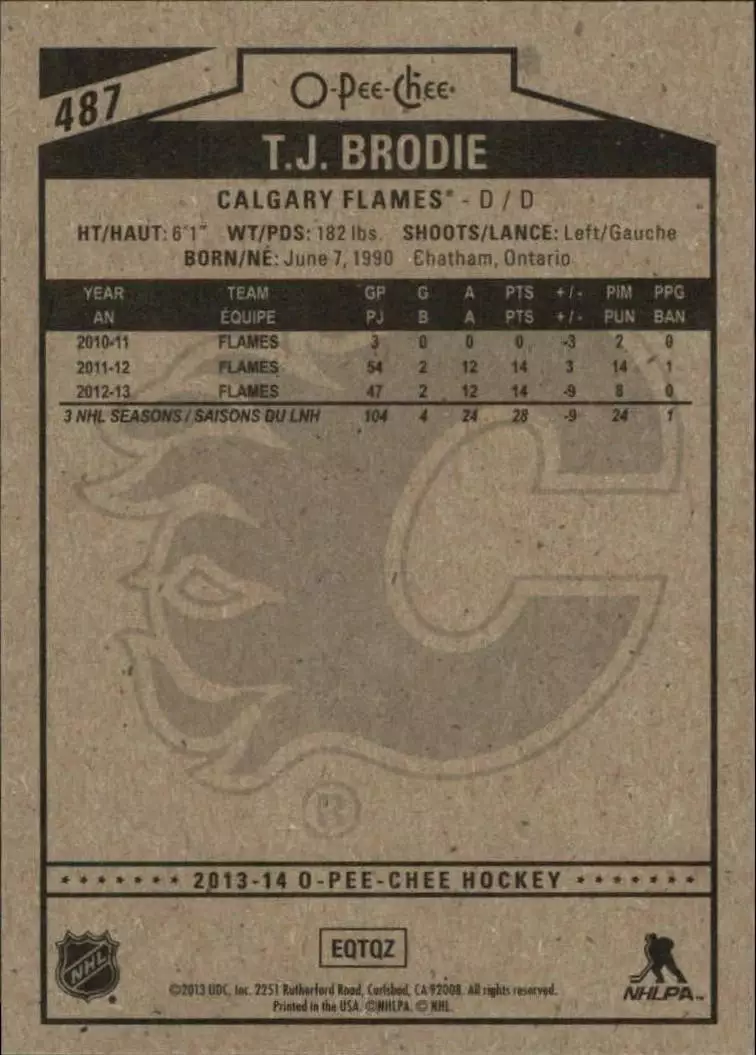 2013-14 O-Pee-Chee #487 T.J. Brodie 1
