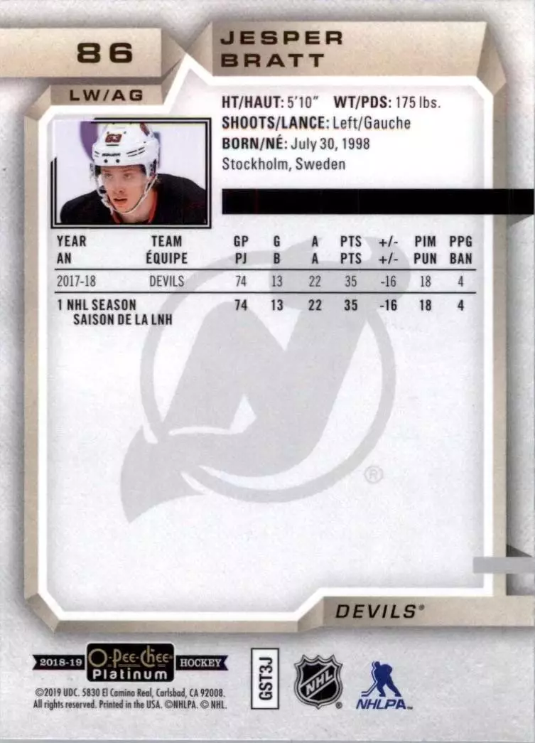 2018-19 O-Pee-Chee Platinum #86 Jesper Bratt 1