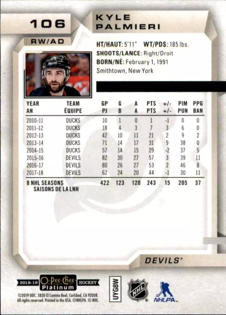 2018-19 O-Pee-Chee Platinum #106 Kyle Palmieri 1